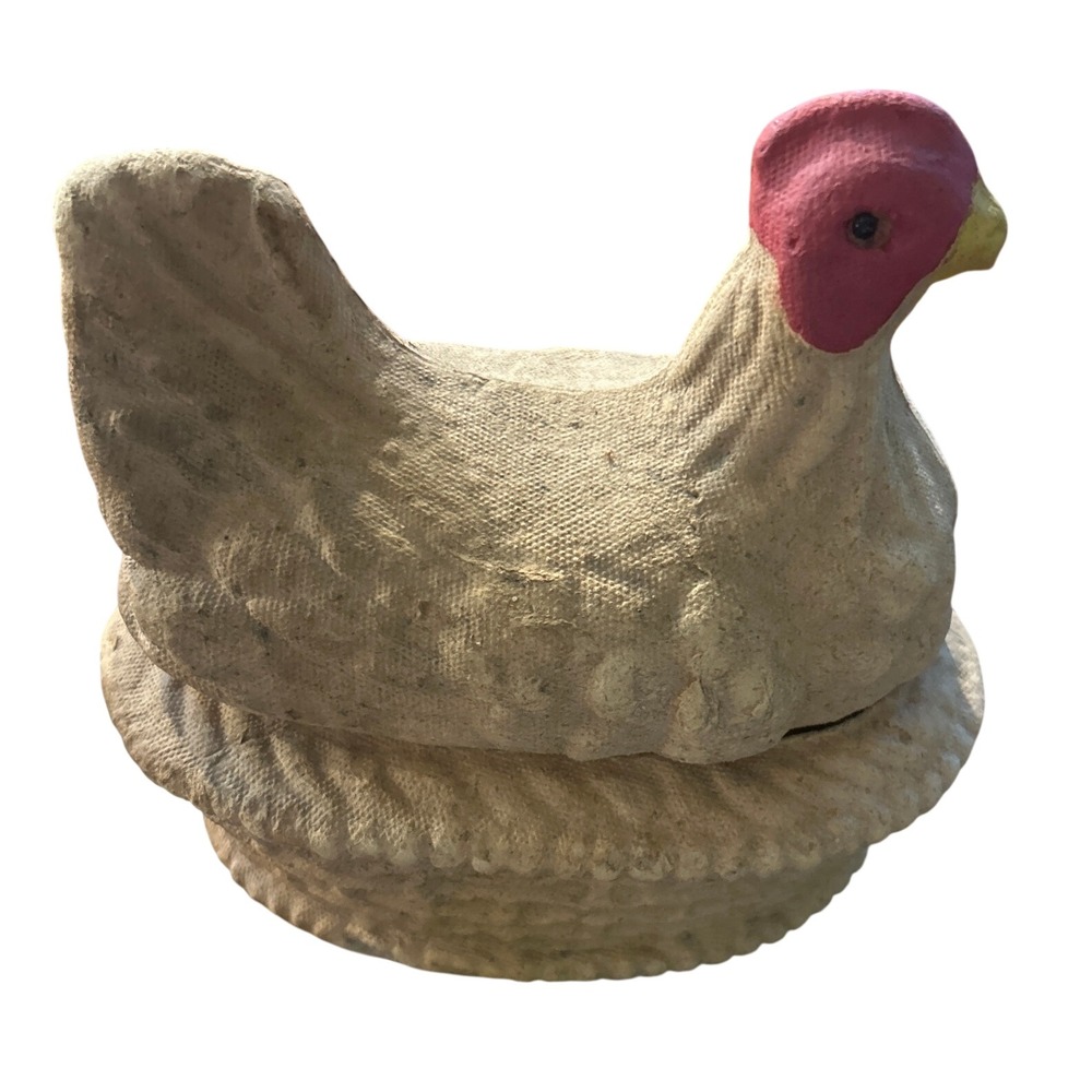 Vintage Paper Mache Hen on Nest Candy Container Farmhouse Easter Decor White